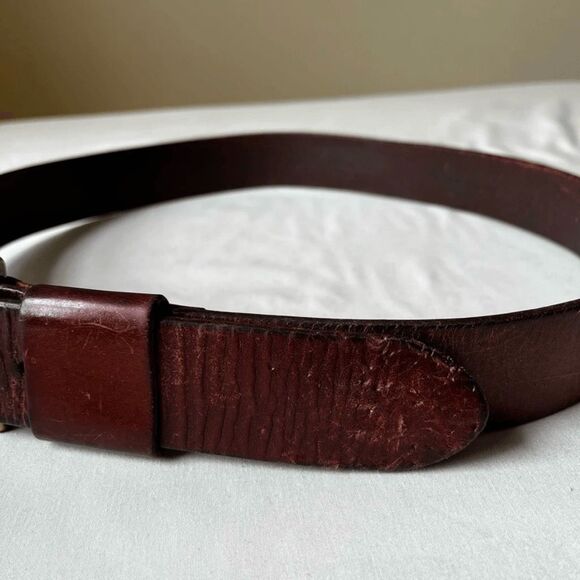 Vintage 90sโ Brown Leather Belt with Heavy Brass Roller Buckle Worn In Casual 34 - Picture 3 of 9